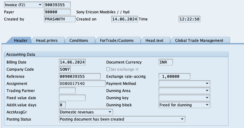 Billing Document Header data